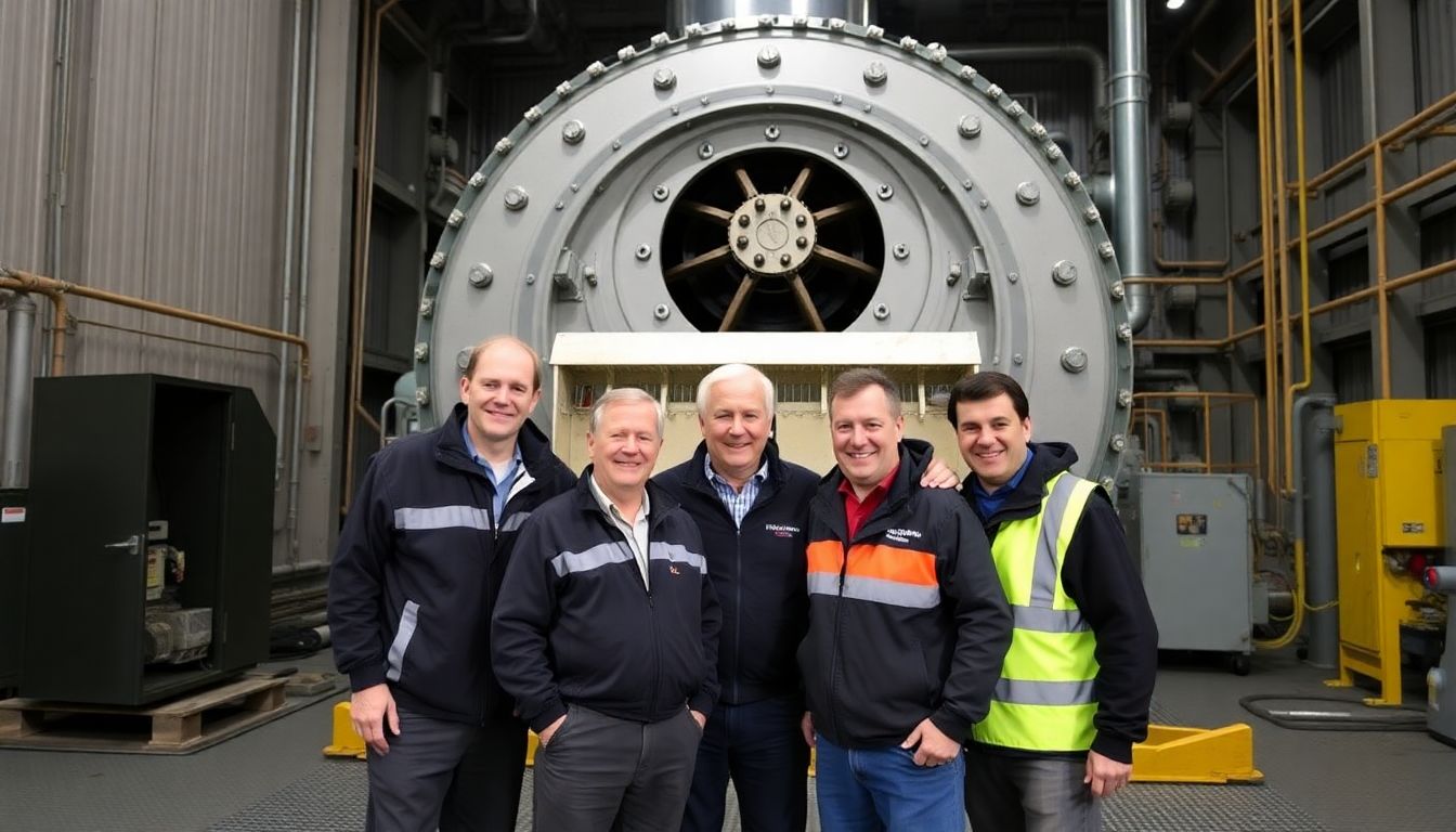 Generate an image of the repaired Chalk River reactor, with Carter and his crew posing together, relieved and smiling.