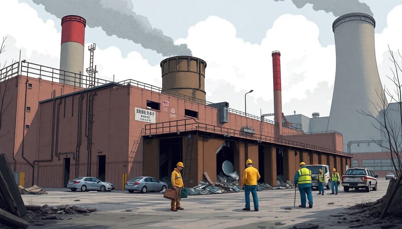 Illustrate the Chalk River reactor facility following the disaster, with visible damage and a sense of urgency among the workers.