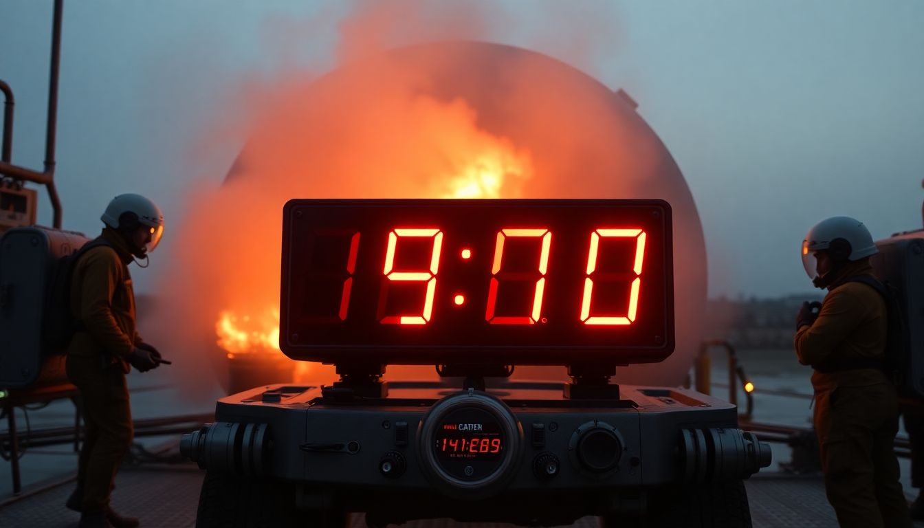 Create an image of Carter and his crew practicing on the reactor mockup, with a timer prominently displayed to emphasize the 90-second work intervals.