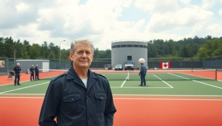 Create an illustration of a young Jimmy Carter in his Navy uniform, standing in front of a mockup of the Chalk River reactor on a tennis court, with his crew and Canadian counterparts working together in the background.