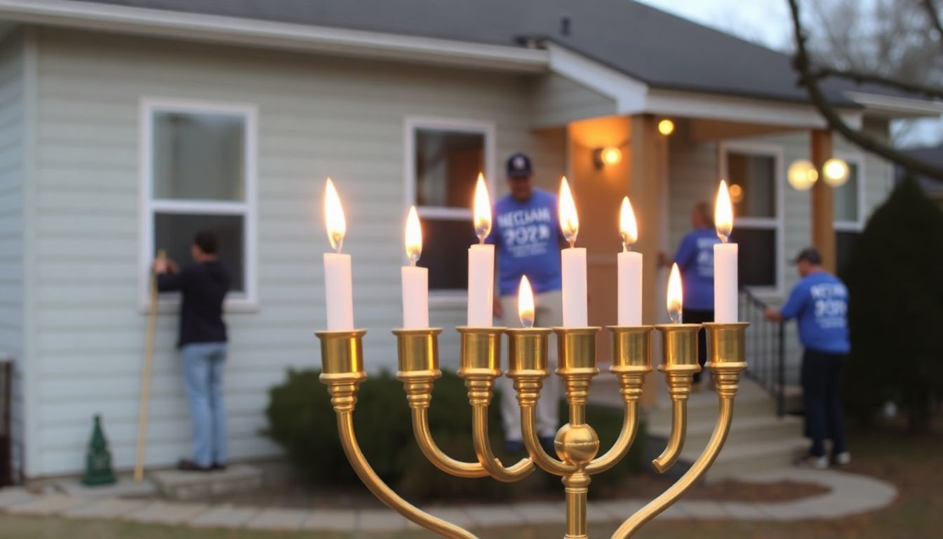 A lit menorah in the foreground, with NECHAMA volunteers working on a home in the background, symbolizing the spirit of Hanukkah in action.