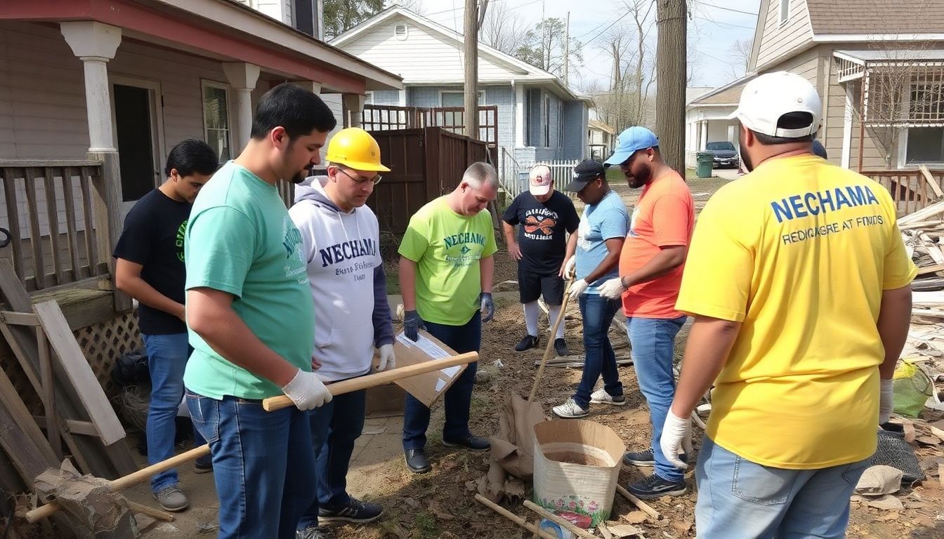 NECHAMA volunteers working alongside members of other organizations, collaboratively helping to clean up and repair a disaster-struck neighborhood.