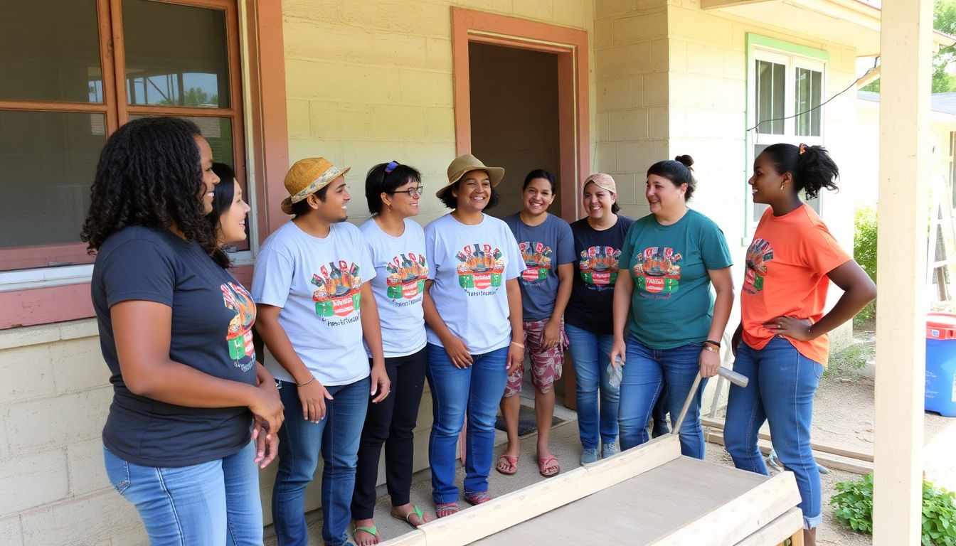 A diverse group of NECHAMA volunteers working together, laughing, and enjoying each other's company while repairing a home.