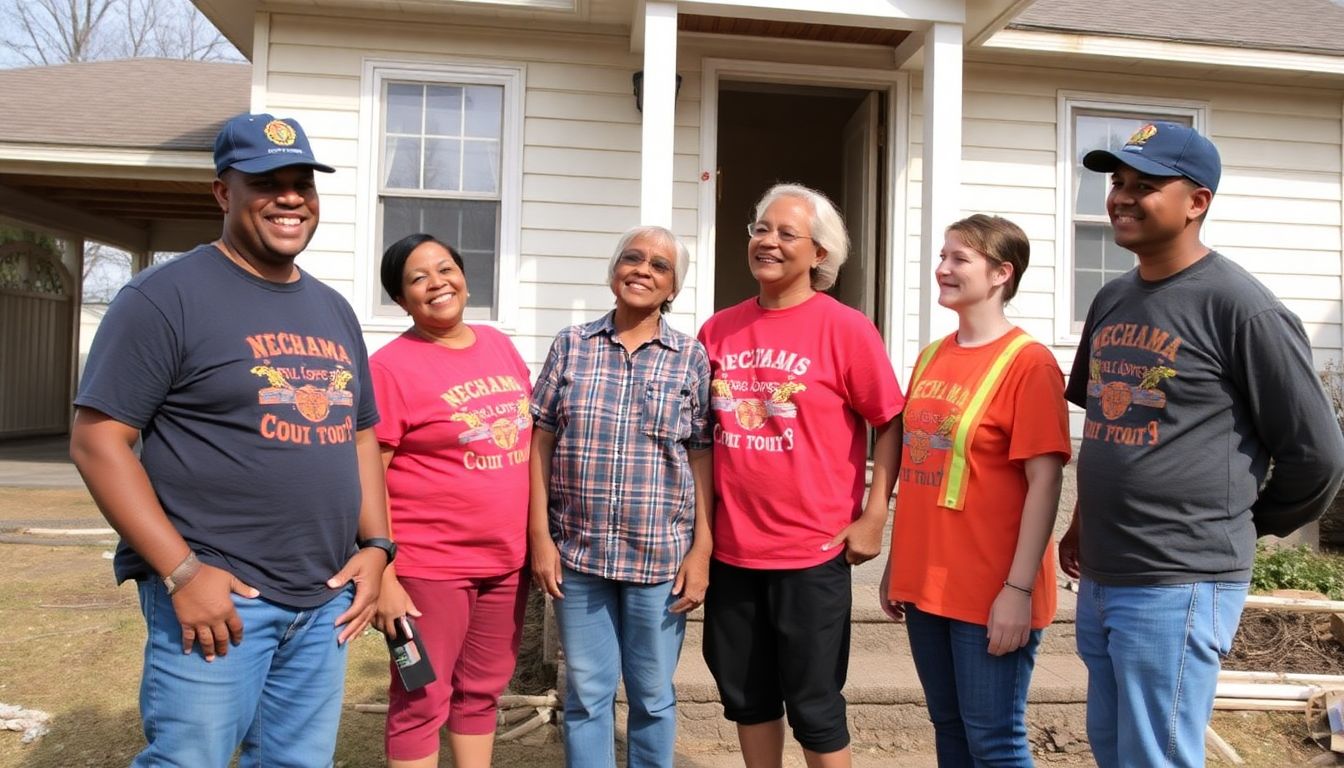 A homeowner standing with NECHAMA volunteers, smiling and looking hopeful as they survey the progress made on the homeowner's house.