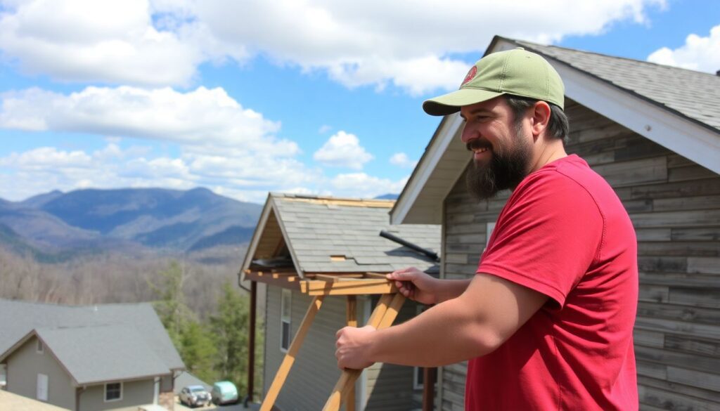 A volunteer from NECHAMA Jewish Response to Disaster helping to repair a damaged home in Western North Carolina, with a backdrop of beautiful mountains and a sense of hope and community.