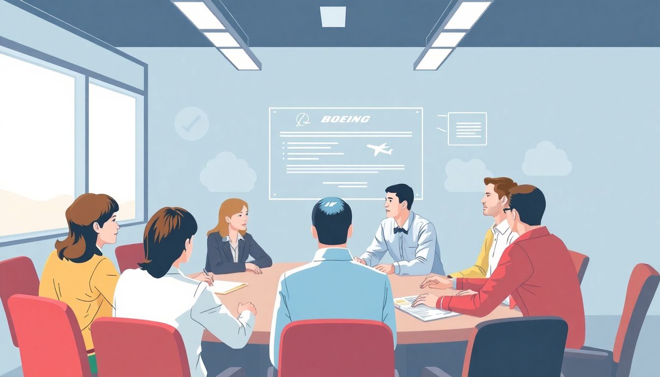 Illustrate a meeting of Boeing employees discussing safety improvements, with a focus on collaboration and innovation.