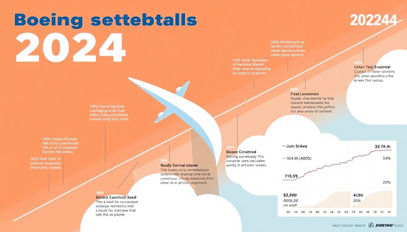 Design a graphic showing a timeline of Boeing's major setbacks in 2024, including the strike, safety incidents, and stock price fluctuations.