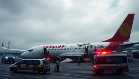 Generate an image of a crashed airplane at Muan International Airport with emergency vehicles and personnel surrounding the wreckage, under a grim, overcast sky.