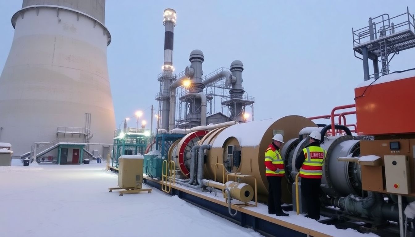 A power plant operating smoothly in the snow, with workers inspecting and maintaining equipment.