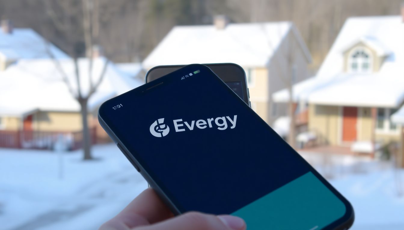 A smartphone displaying the Evergy mobile app with a background of a snowy neighborhood.