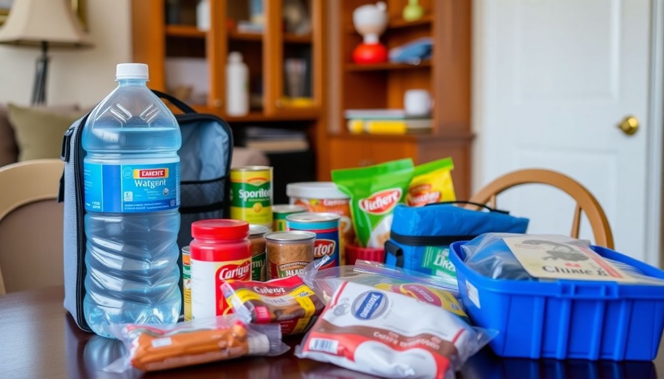 A well-stocked emergency kit with water, non-perishable food, and other essentials, placed on a table in a cozy home.