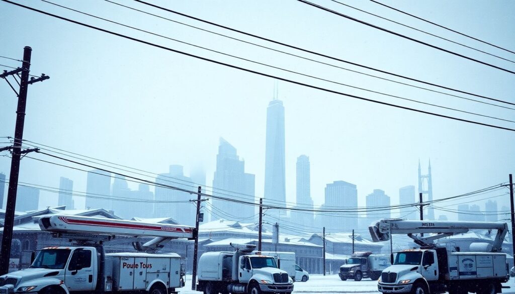 A bustling cityscape under a blanket of snow, with power lines and utility trucks in the foreground, symbolizing preparation and resilience against the impending storm.