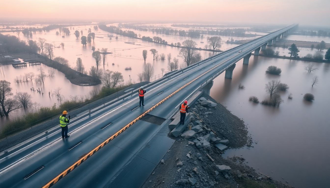 Create an image of emergency response teams working on repairing damaged roads and bridges, with a backdrop of flooded landscapes.