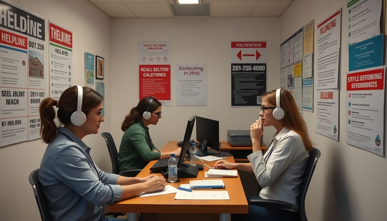 Create an image of a helpline center with volunteers answering calls, surrounded by posters with emergency contact numbers and recovery information.