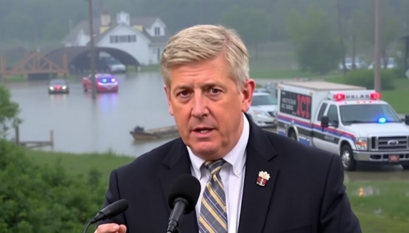 Generate an image of Governor Mike Parson addressing the media, with a background of flooded areas and emergency response vehicles.