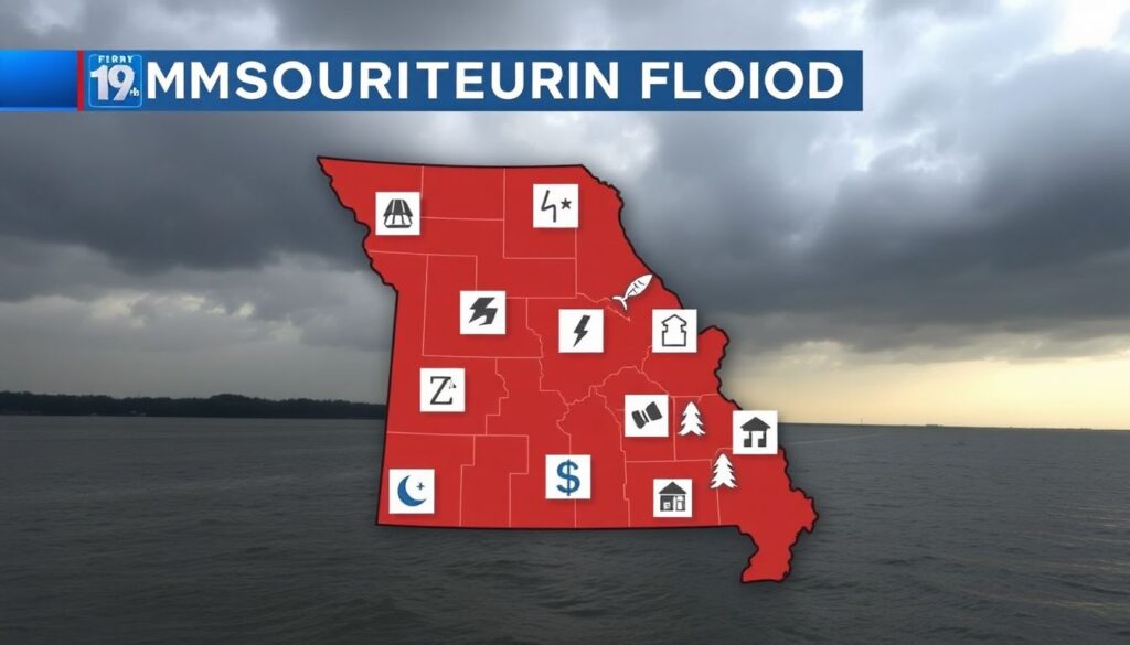 Create an image of a map of Missouri highlighting the 14 counties affected by the flooding, with icons of storms and flooding overlaid on the map. Include a banner at the top with the title of the article and a background of stormy weather.