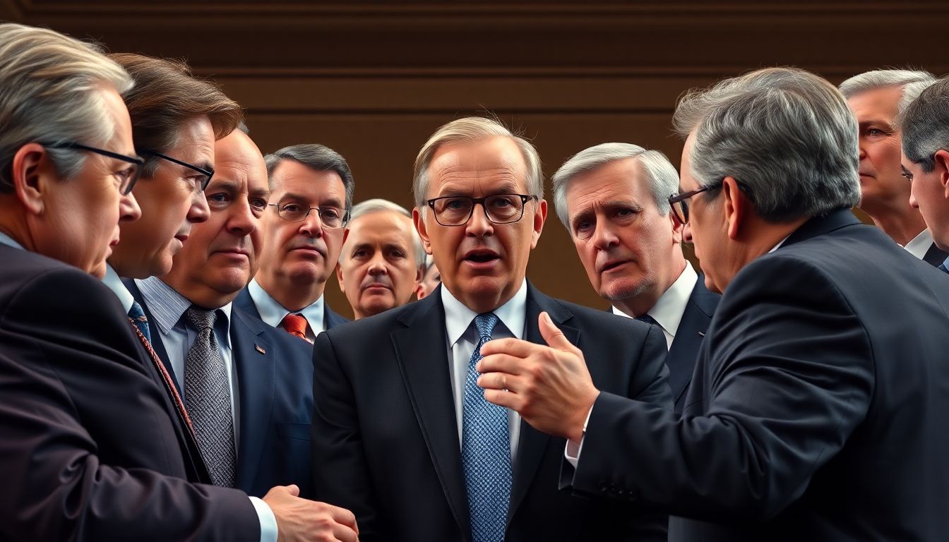 Create an image of a group of determined conservative lawmakers huddled in discussion, with expressions of dissent and resolve.