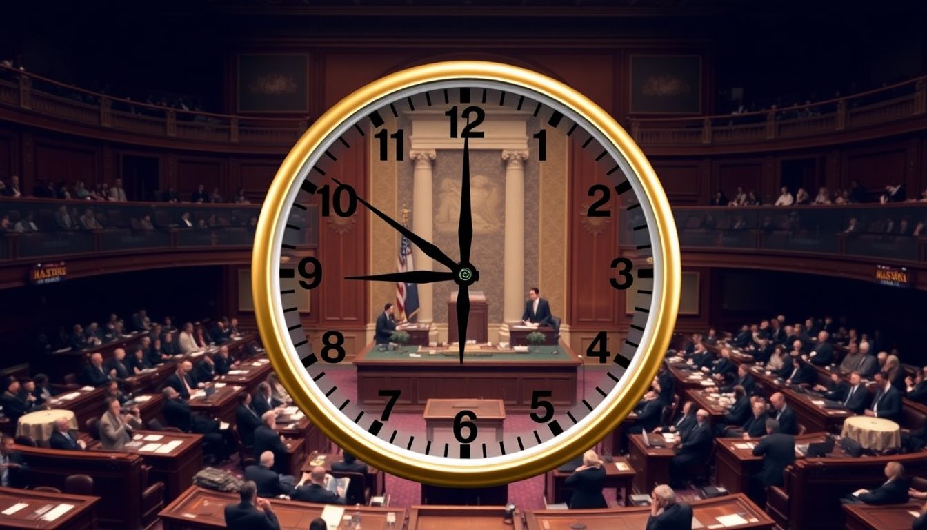 Generate an image of a ticking clock superimposed on the House floor, with lawmakers engaged in intense debate, symbolizing the urgency and high stakes of the situation.