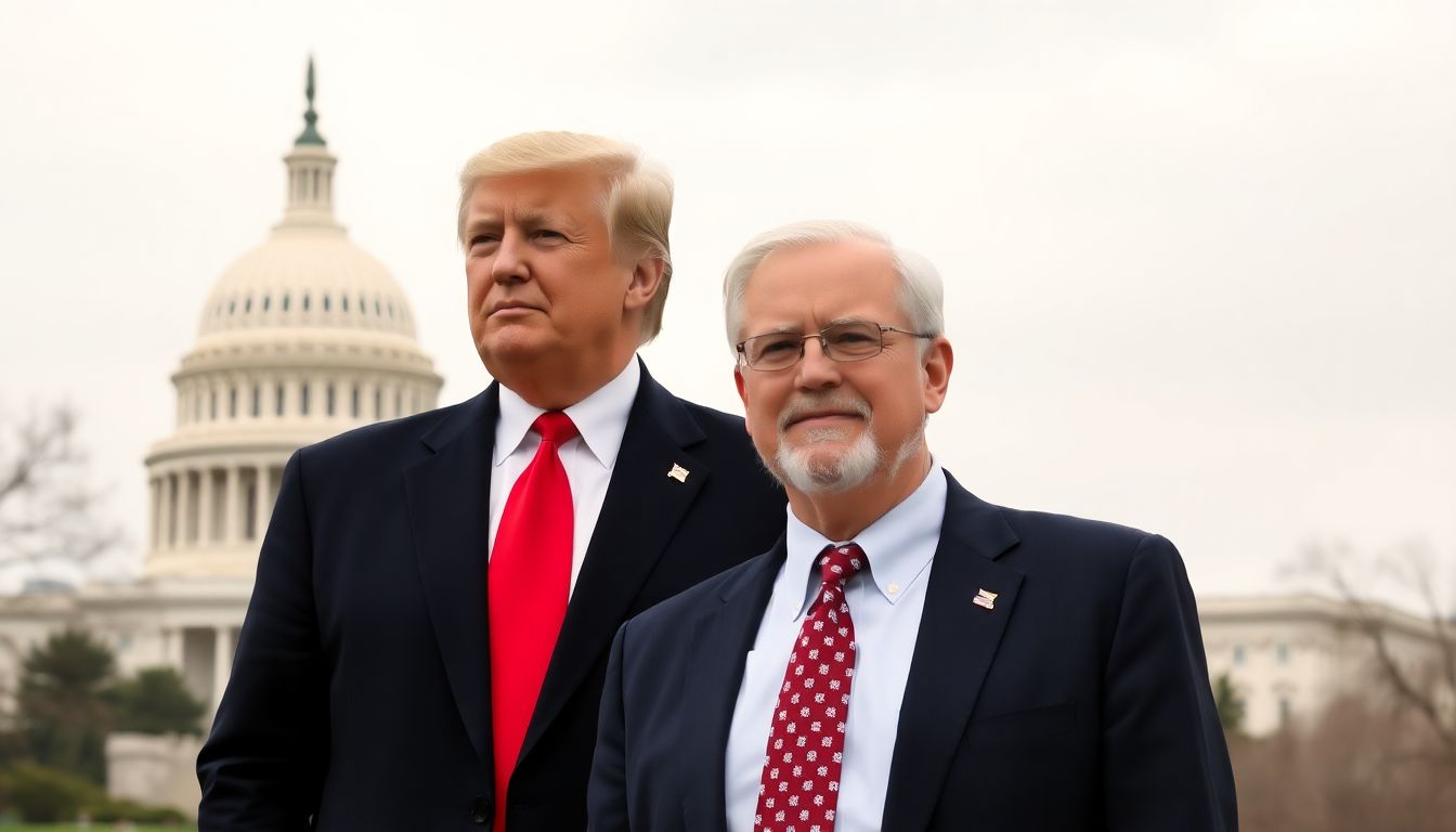 Generate an image of Donald Trump and Mike Johnson standing together, with a backdrop of the Capitol Building, symbolizing their political alliance.