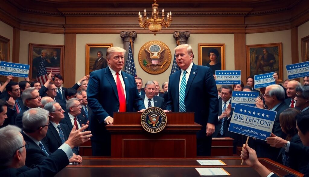 Create an image of a tense political scene in the House of Representatives, with Donald Trump and Mike Johnson at the center, surrounded by divided Republicans and a united Democratic opposition.