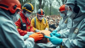 Generate an image of a disaster response team working diligently in a coordinated effort, with a focus on forensic analysis and victim identification.