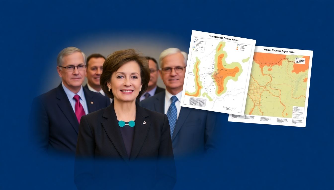 Create an image of Governor Kotek and members of Congress standing together, with documents and maps related to the wildfire recovery efforts.