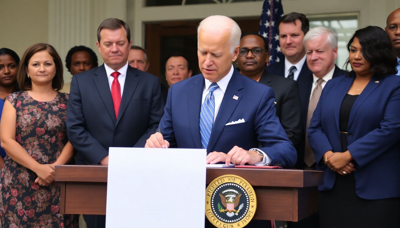 Generate an image of President Biden signing the disaster declaration, with FEMA officials and local community members in the background.