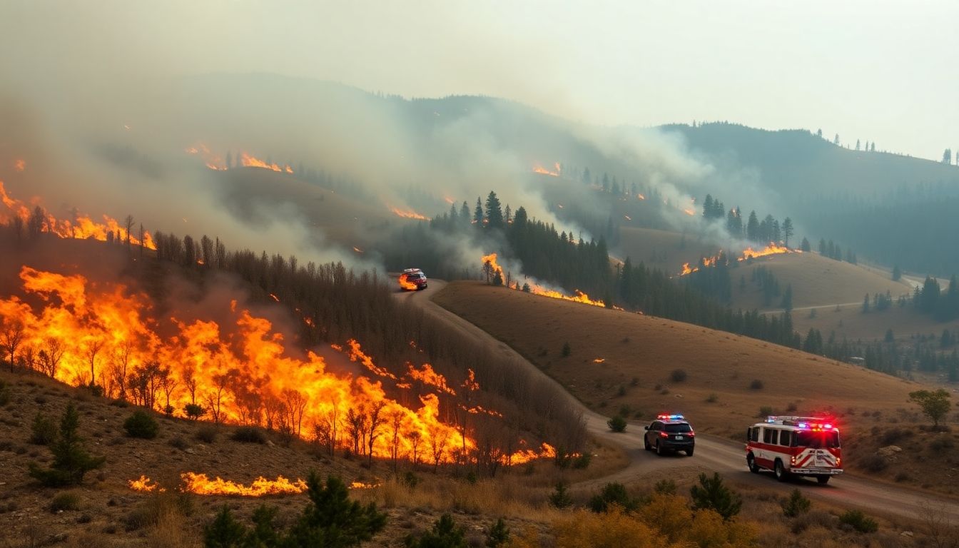 Generate an image of a vast landscape consumed by wildfires, with firefighters and emergency vehicles in action.