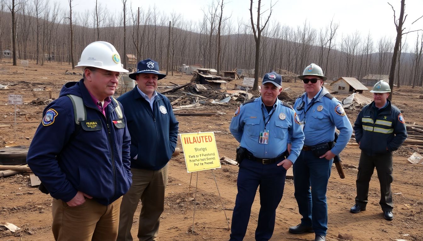 Create an image of FEMA officials working alongside local authorities in a wildfire-ravaged area, with signs of reconstruction beginning.