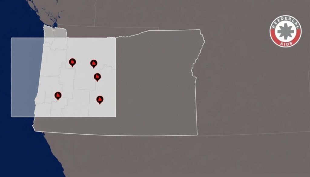 Generate an image of a map highlighting the five affected counties in Eastern Oregon, with icons representing wildfires and federal aid symbols.