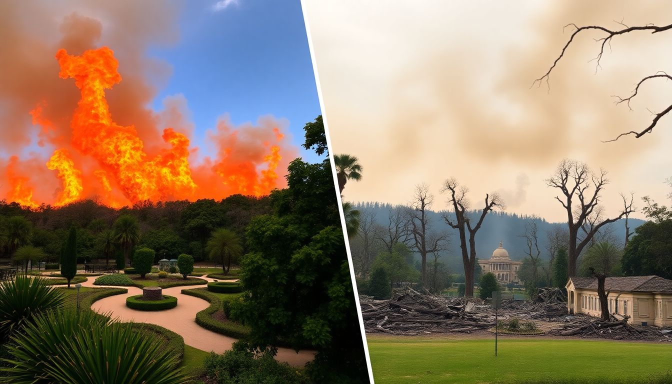 Create an image showing the wildfire raging through the botanical garden, contrasted with a glimpse of the park's former glory and the devastation left behind.