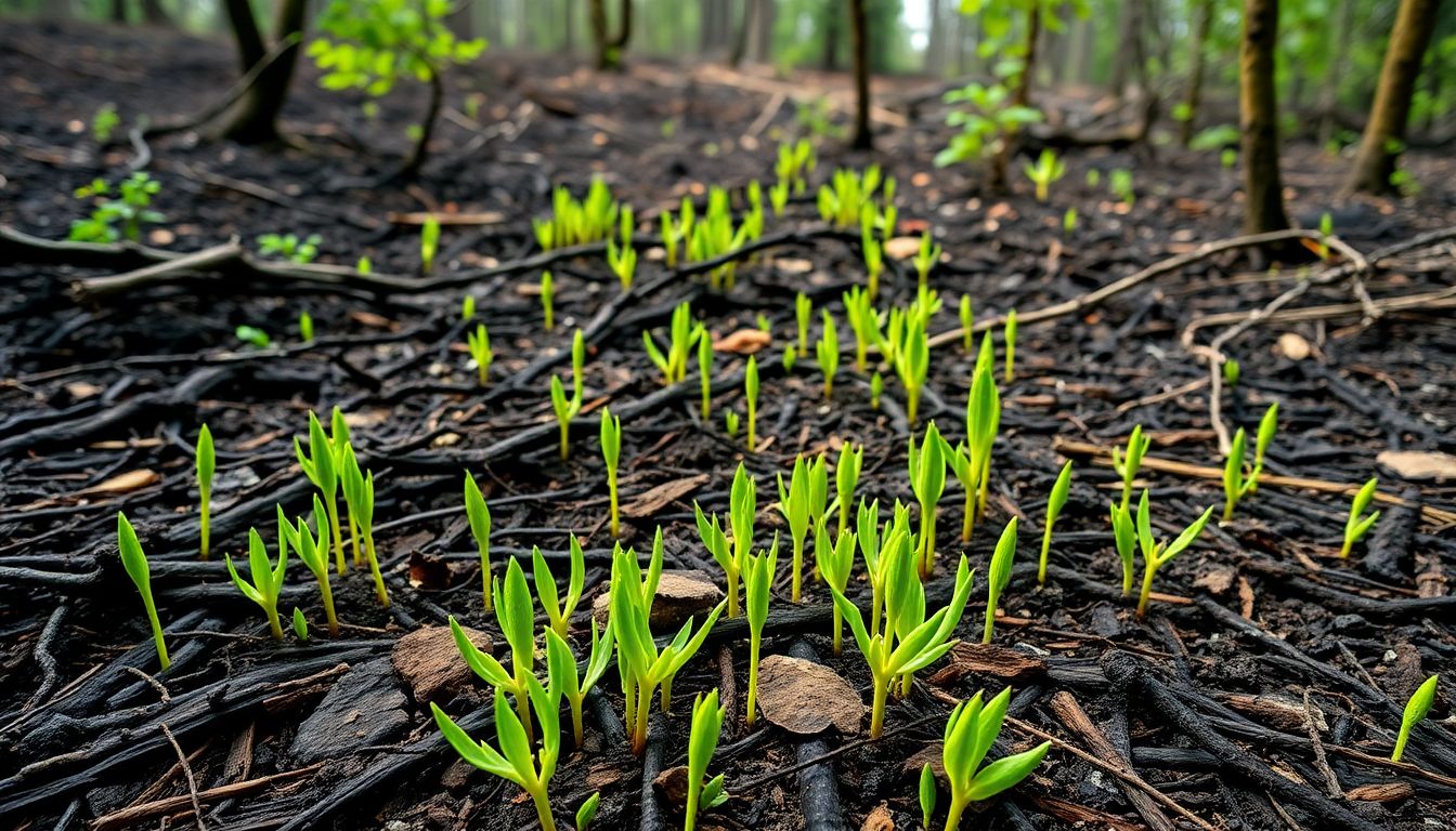 Create an image of the park's regrowth, with vibrant green shoots contrasting against the charred landscape, and visuals of the expected lush foliage in two years.