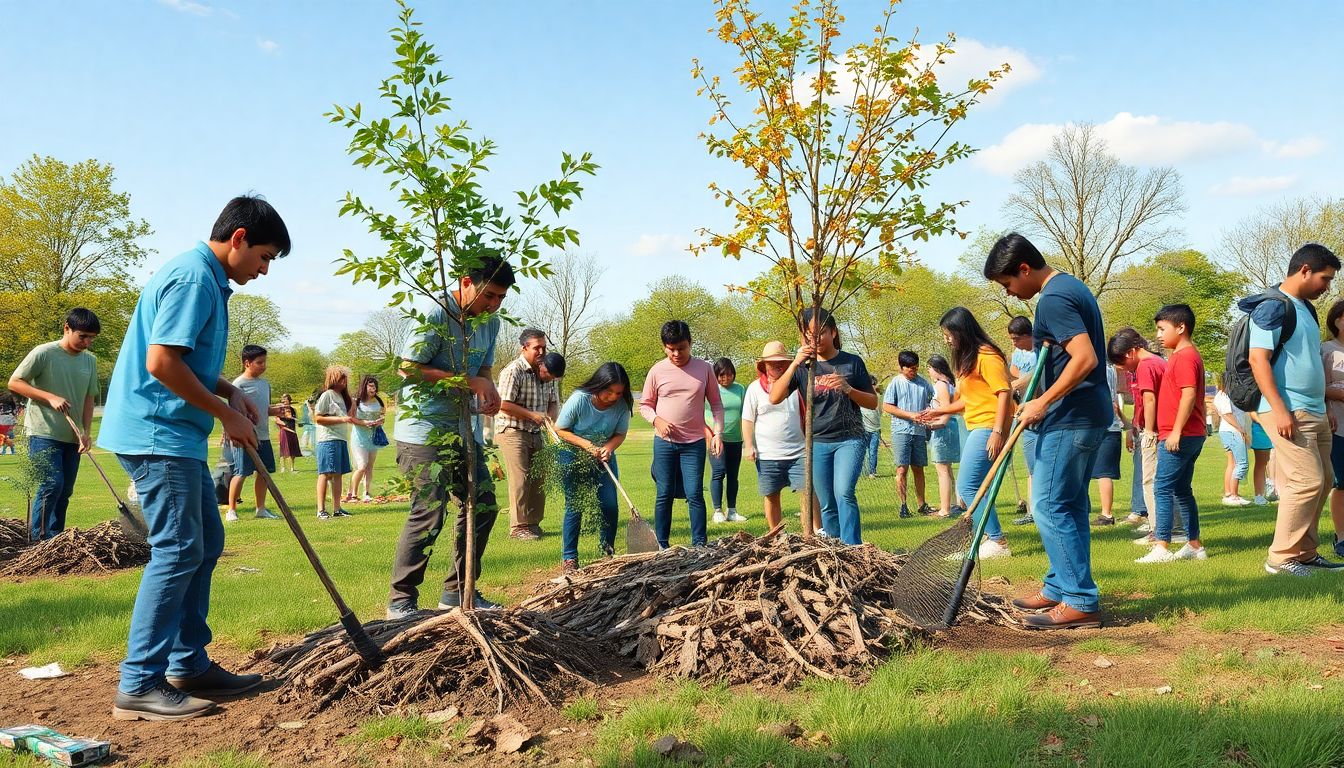 Depict a scene of community engagement, with people of all ages working together to plant trees, clear debris, and restore the park's beauty.