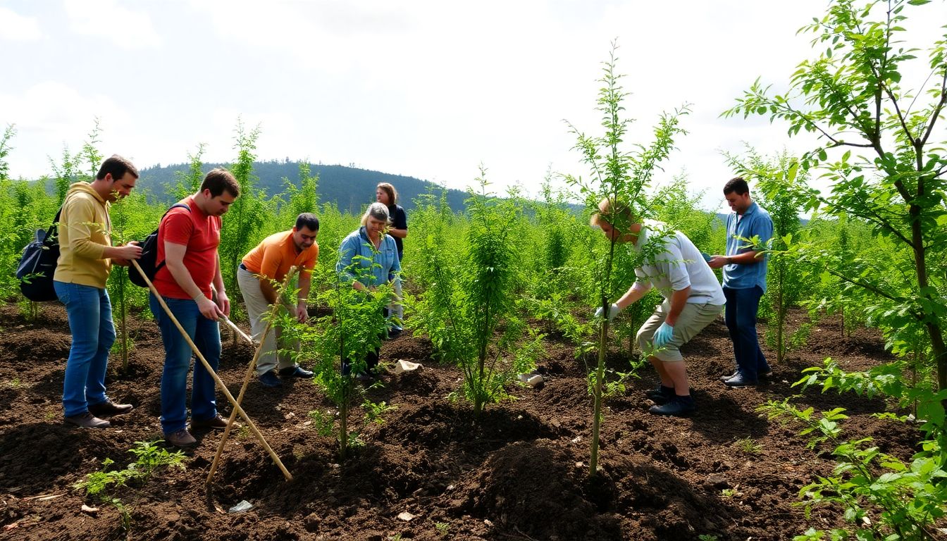 Illustrate the planting of native trees like litre, quillay, and colliguay, with volunteers working together, and visuals of these trees' unique characteristics.