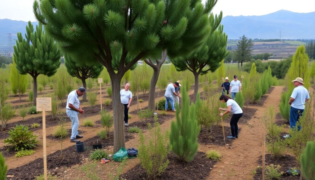 Generate an image of a lush, green botanical garden with volunteers planting trees, surrounded by signs of fire damage and regrowth, with a backdrop of Chilean landscapes.