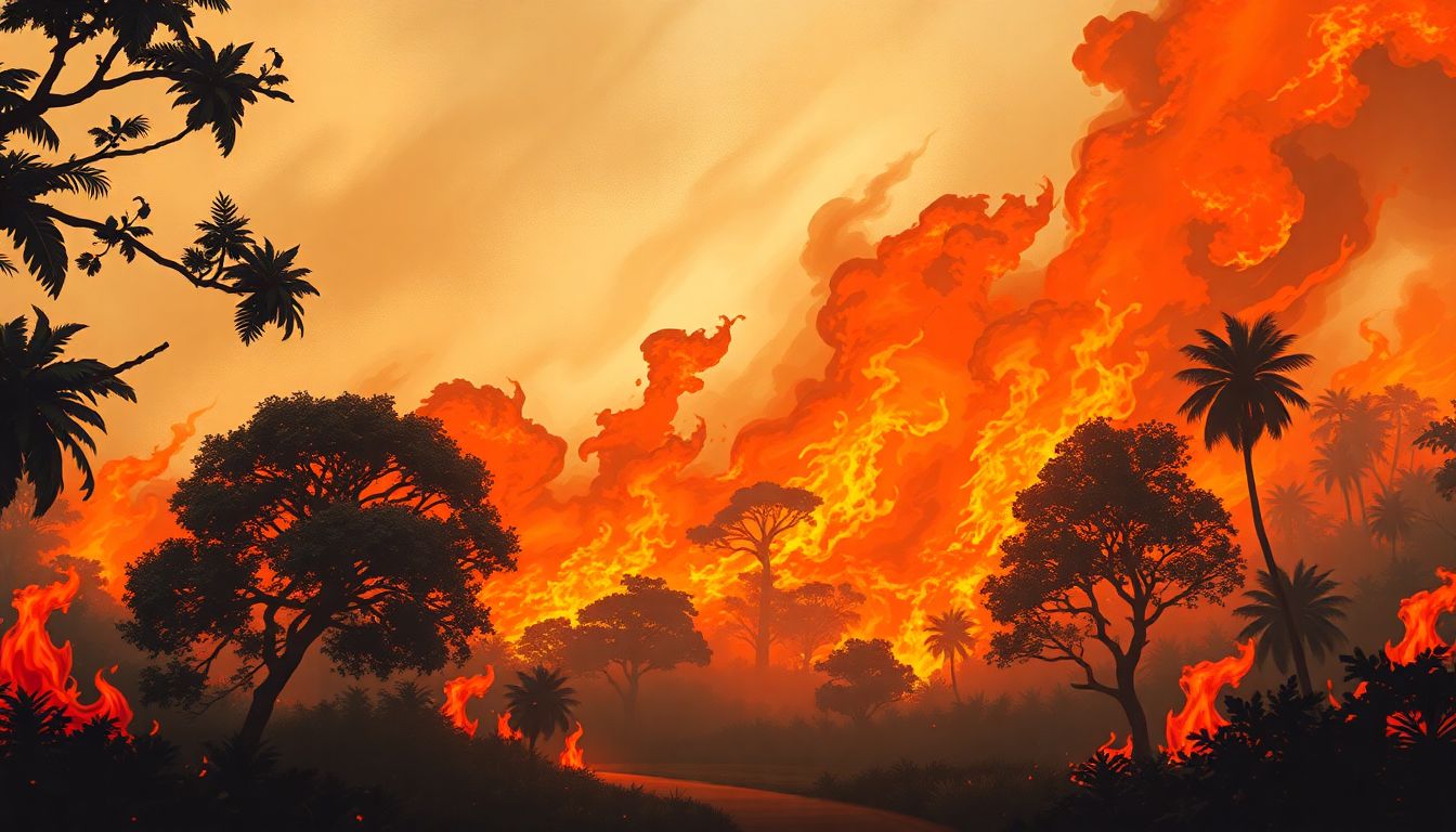 A dramatic illustration of the wildfire sweeping through the botanical garden, with flames engulfing trees and smoke billowing into the sky.