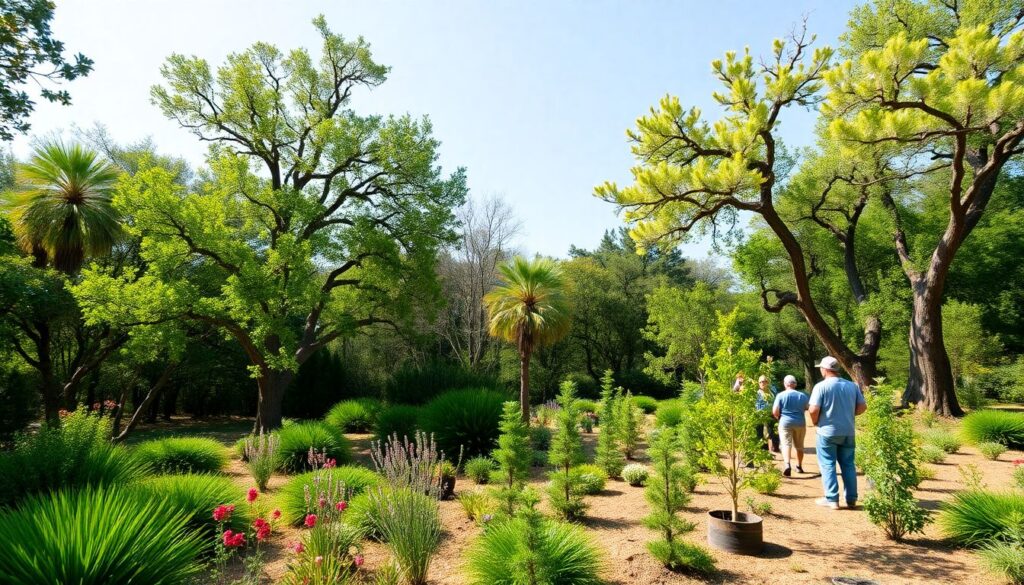 Generate an image of a lush botanical garden with native trees, showing signs of recovery after a wildfire, with volunteers planting new trees.