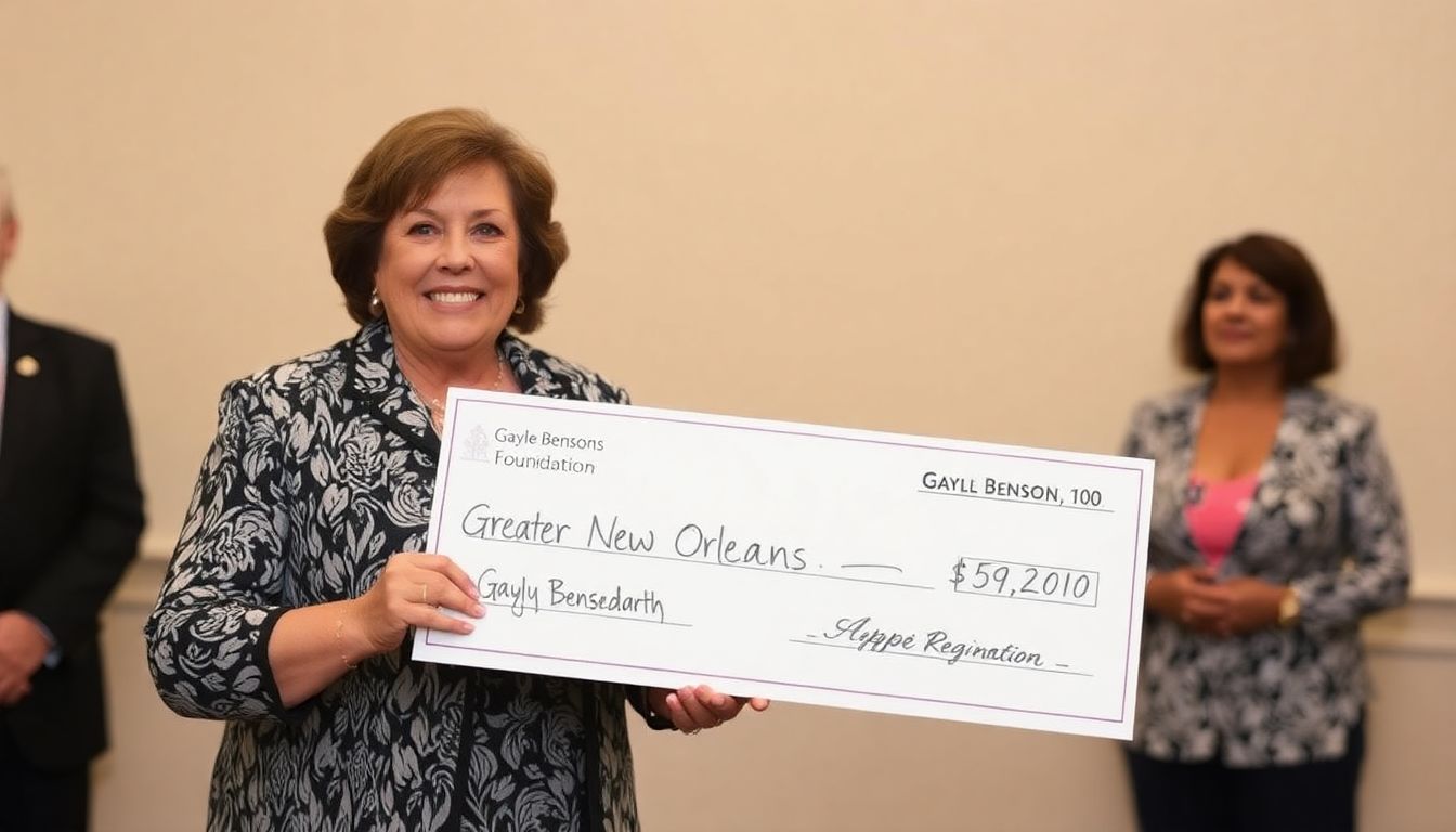 Gayle Benson presenting a check to the Greater New Orleans Foundation, with a hopeful and determined expression.