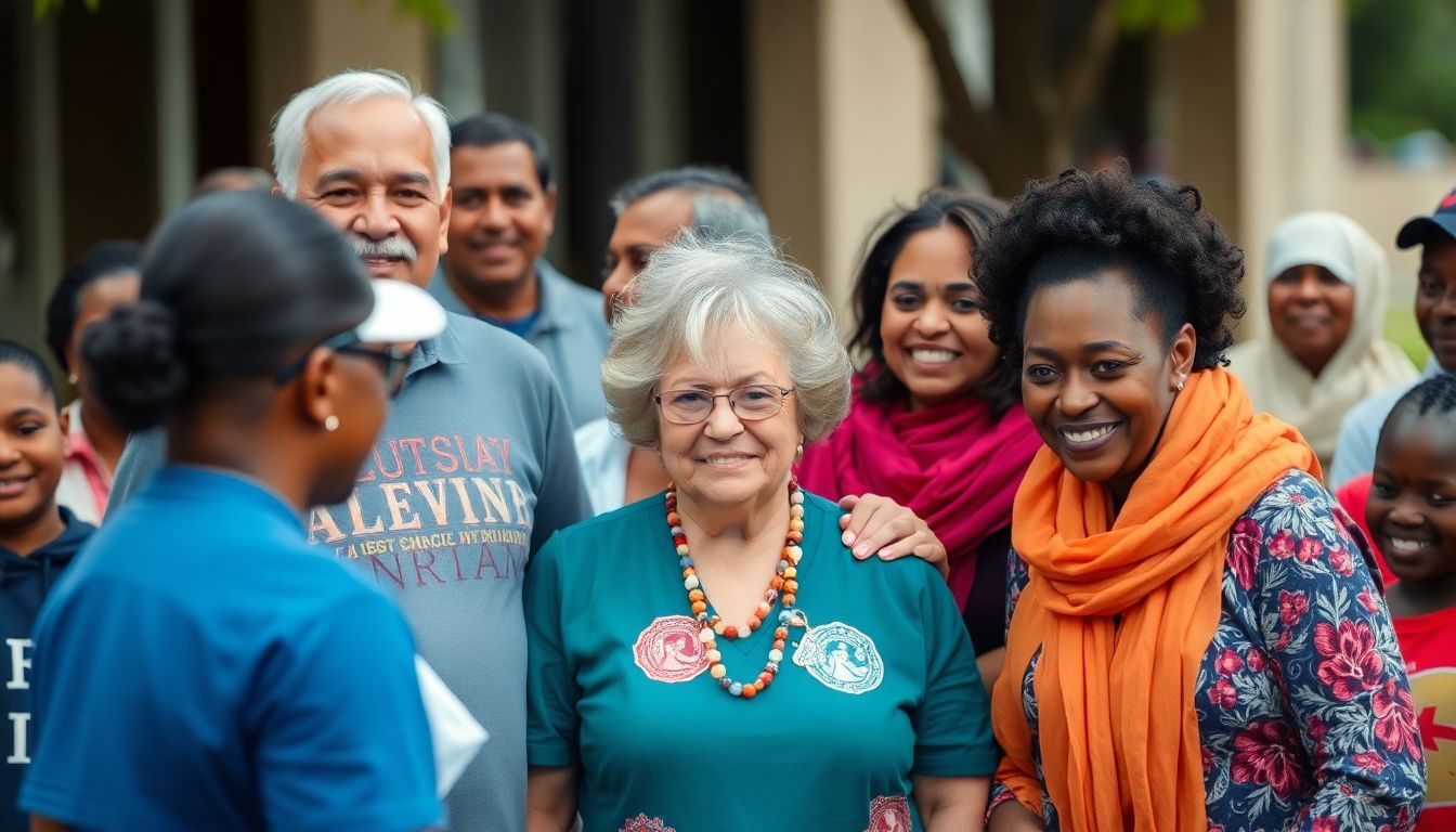 A heartwarming image of the community coming together, with Gayle Benson standing among them, showing support and solidarity.