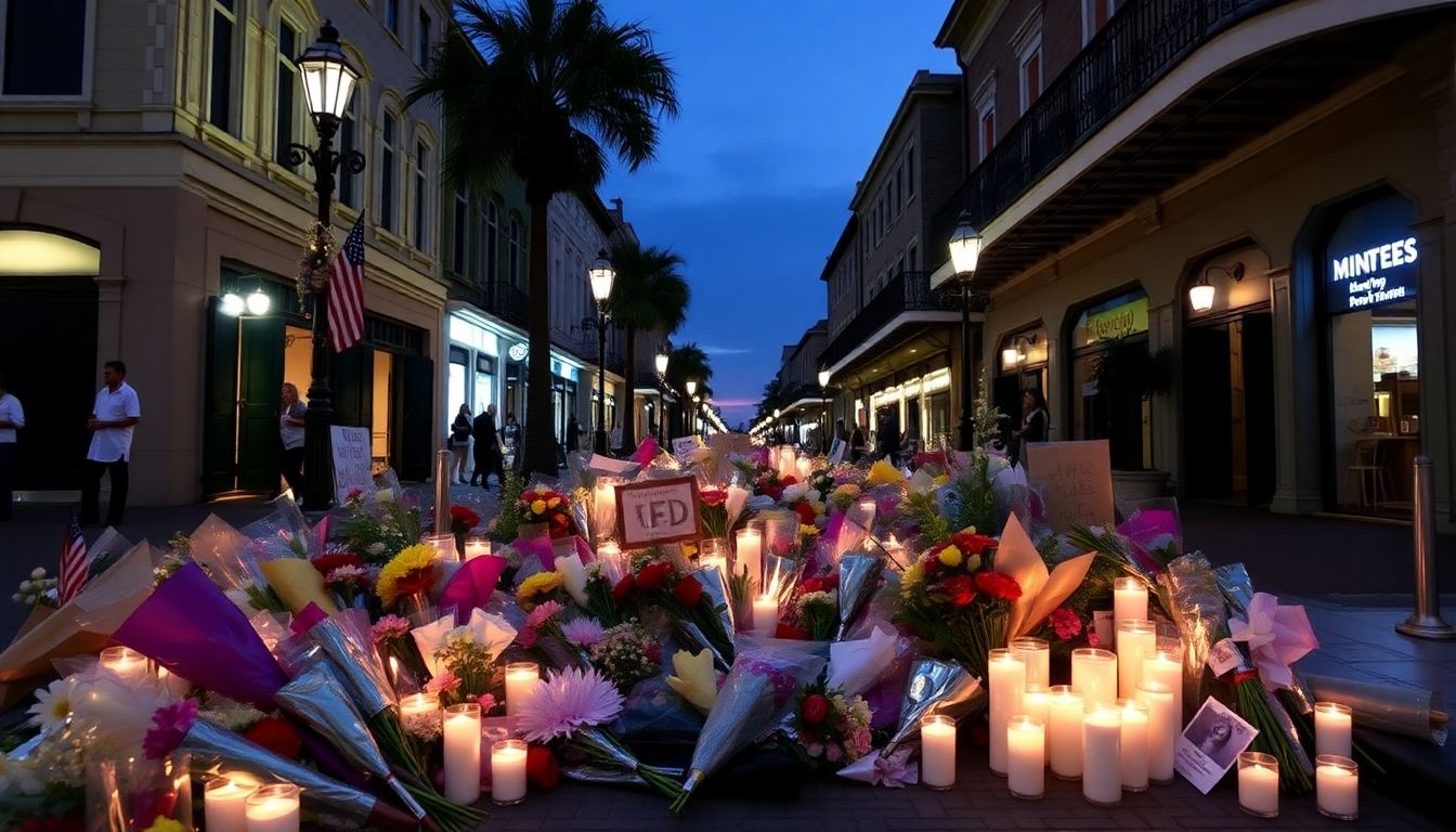 A somber scene of Bourbon Street with flowers and candles left in remembrance of the victims.