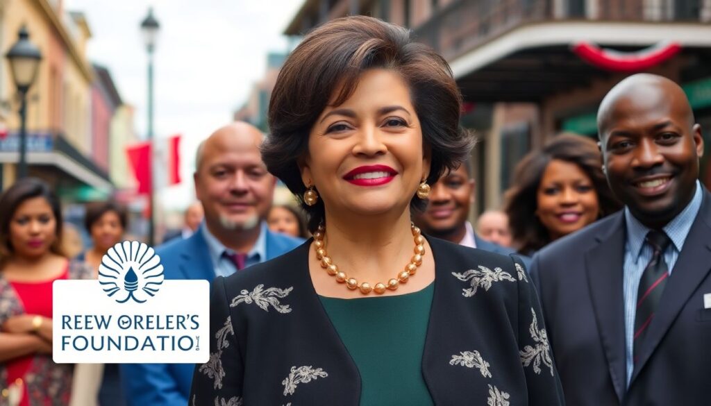 Create an image of Gayle Benson standing alongside community leaders, with the Greater New Orleans Foundation logo and a backdrop of New Orleans' iconic Bourbon Street.