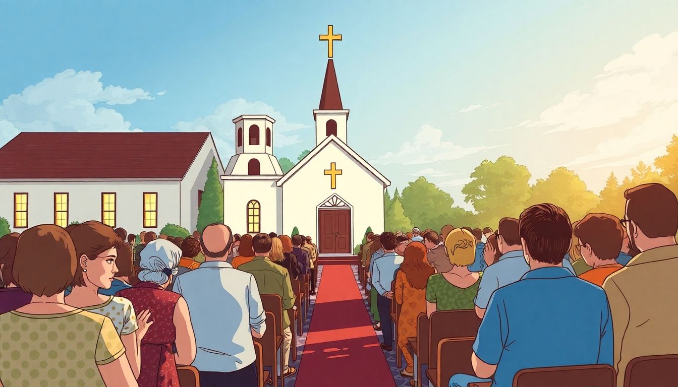 Illustrate the Sago Baptist Church filled with anxious families awaiting news of their loved ones.