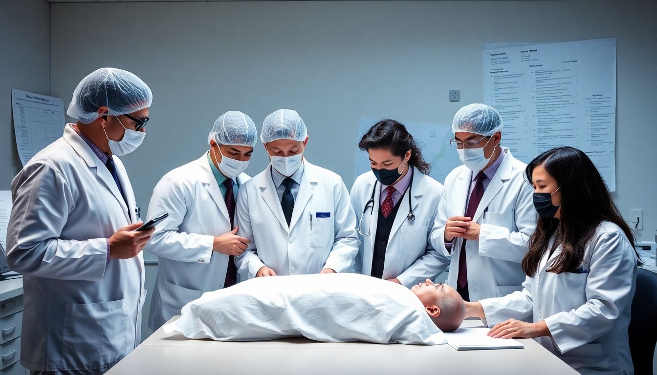 Depict a team of specialists working together at a medical examiner's office, each contributing their unique skills to the identification process.