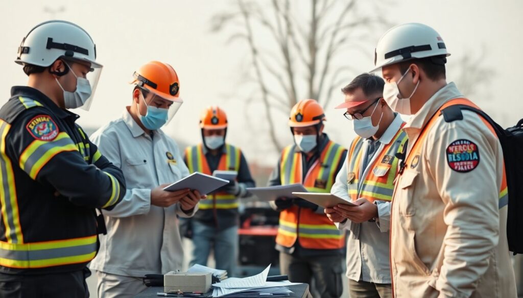 Generate an image of a disaster response team working diligently in a coordinated effort, with a focus on forensic analysis and family support, highlighting the team's dedication and professionalism.