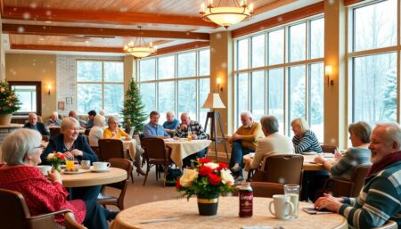 Create an image of a bustling retirement community with residents enjoying indoor activities while snow falls outside the windows.