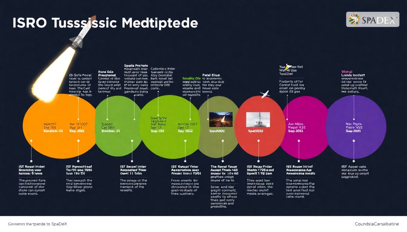 A timeline infographic featuring key ISRO missions leading up to SpaDeX, with images of rockets and satellites.