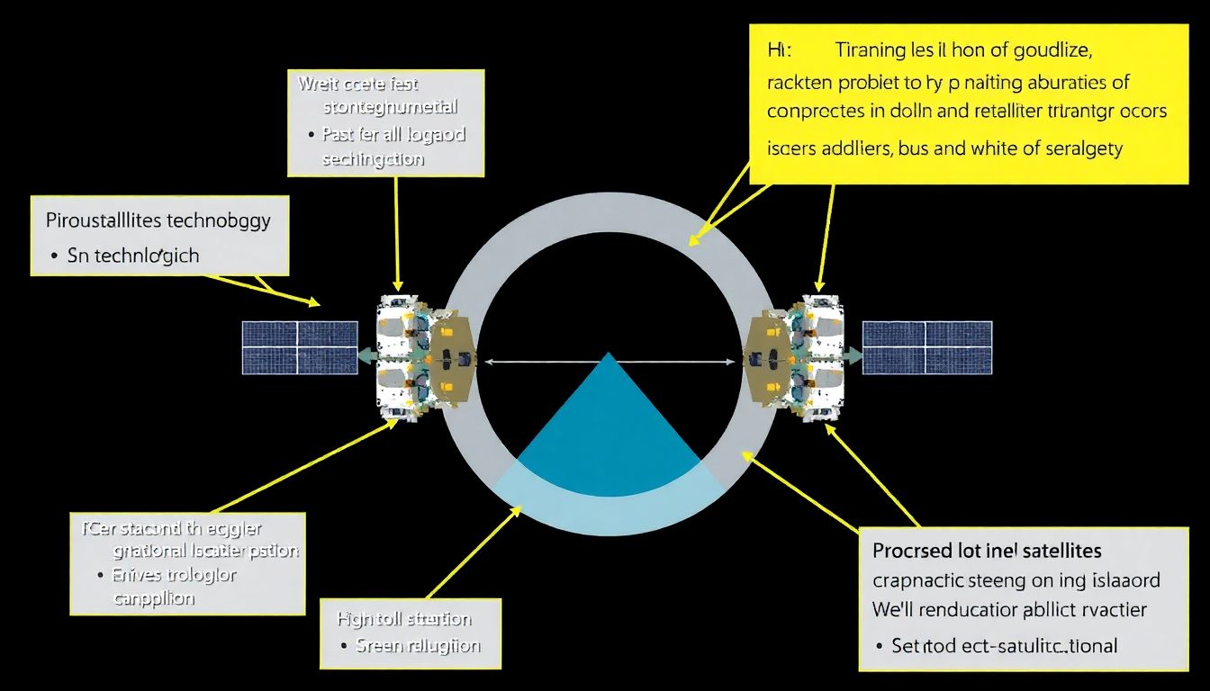 A diagram showing the docking process of two satellites with callouts highlighting crucial technologies in use.