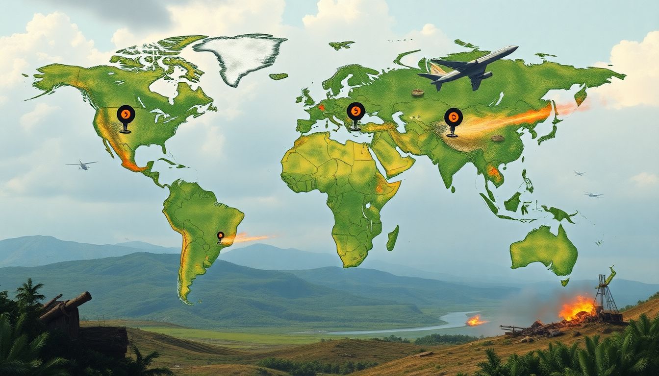 Illustrate the global impact of the war economy, showing the ecological devastation caused by military bases and airstrikes.