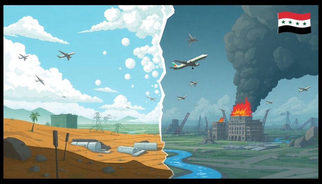 Create an illustration depicting the contrast between natural disasters and man-made destruction, with a focus on the environmental impact of airstrikes in Syria.