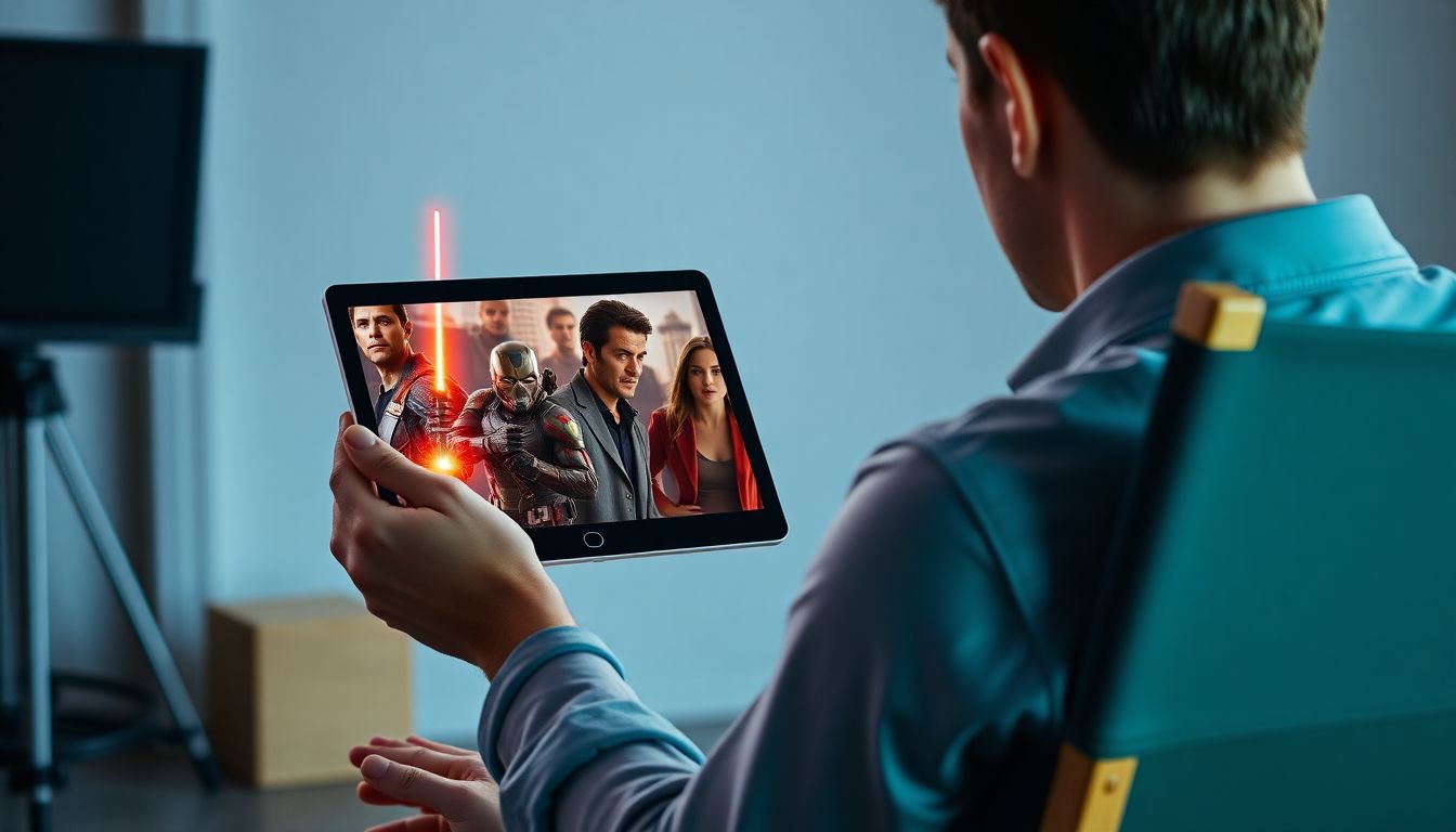 A person sitting in a director's chair, holding a tablet that displays an AI-generated movie scene featuring characters from different franchises.